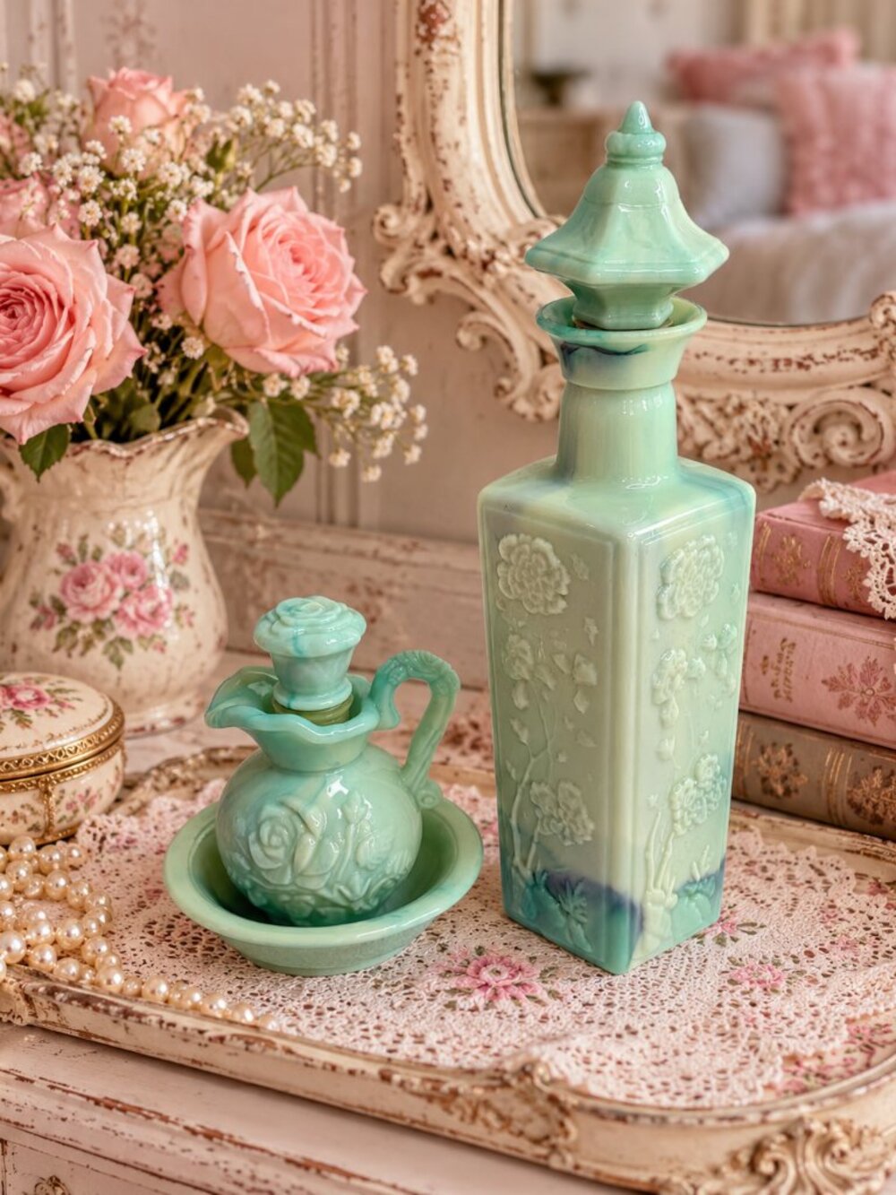 Vintage 1972 Jim Beam Royal Jade Decanter & Avon Perfume Bottle Set